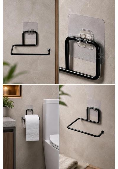 Yapışkanlı Tuvalet Kağıdı Tutucu Siyah Metal- Delmeden Kullanım - Banyo Wc Kağıtlık Diğer