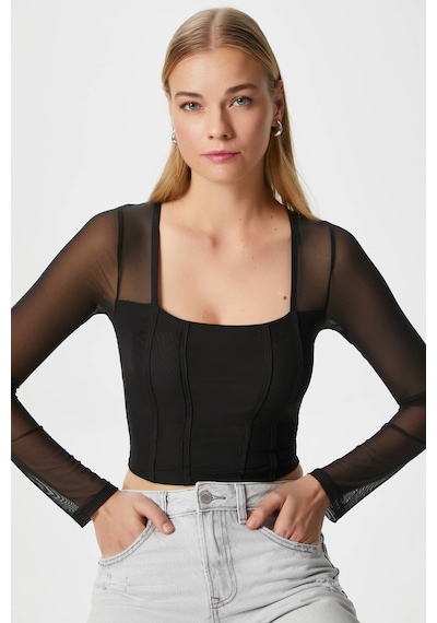 Ritnice Kadın Alina Korse Görünümlü Siyah Tül Crop Bluz