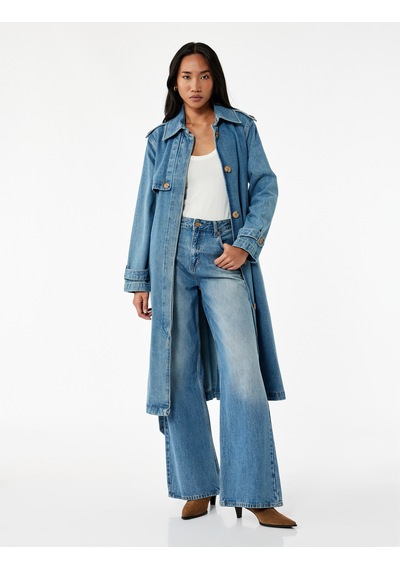 Koton Rahat Kalıp Düğmeli Kemerli Uzun Denim Trençkot Orta İndigo 6wal50014md İndigo