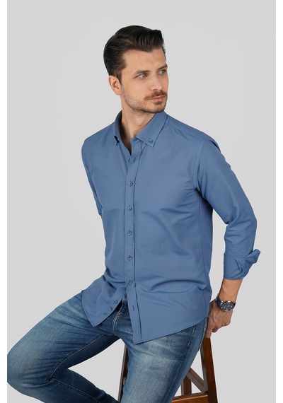 İndigo Yaka Düğmeli Premium Şamre Slimfit Erkek Gömlek Indigo