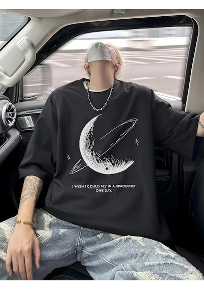 Moda Assema Erkek Baskılı Tişort Kısa Kol Bisiklet Yaka Ovarsize T-shirt - - Siyah Çok Renkli
