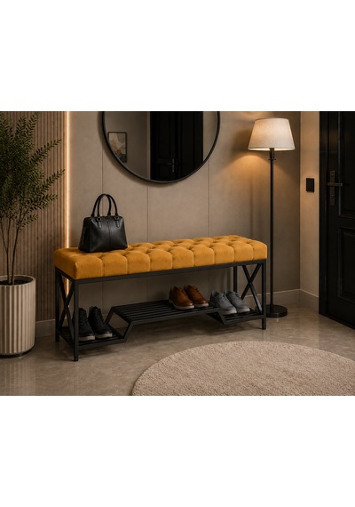 Siyah Metal Bench Ayakkabılık Bank, Kapı Girişi Puf Ayakkabılık Sarı