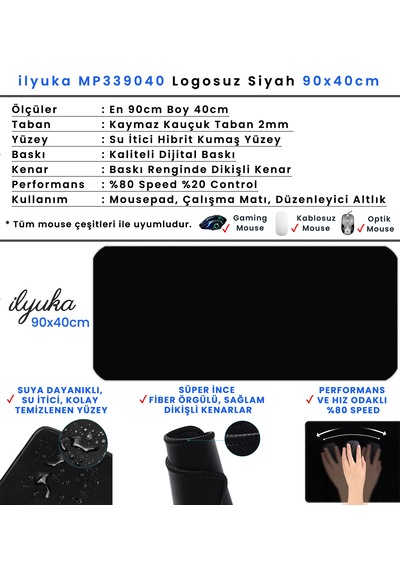 90x40cm Logosuz Siyah Xxl Büyük Boy İlyuka Gaming Oyuncu Mousepad