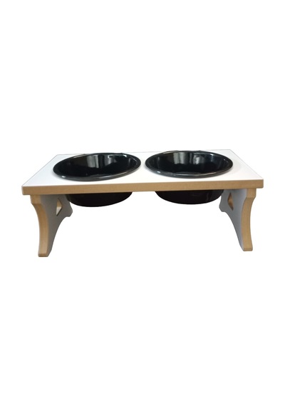 Ahşap Kedi & Köpek Su Ve Mama Kabı Standı - Beyaz Mdf - 2'li Model - Siyah Seramik Kase - 2 400ml