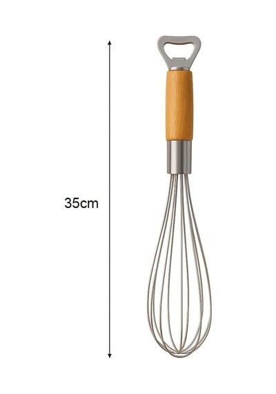 Ahşap Saplı Paslanmaz Çelik Lüx Kalın Telli Çırpıcı Yumurta Kek Pasta Çırpma Teli - Şişe Açacaklı Çe Diğer