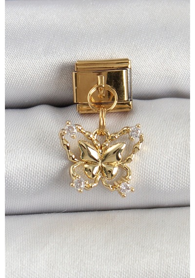316l Çelik Sallantılı Zirkon Taşlı Kelebek Model Gold Renk Nomination Charm Gümüş