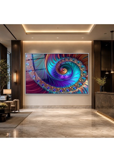 Mor Turkuaz Renkli Spiral Fraktal Kompozisyon Gümüş Çerçeveli Cam Tablo