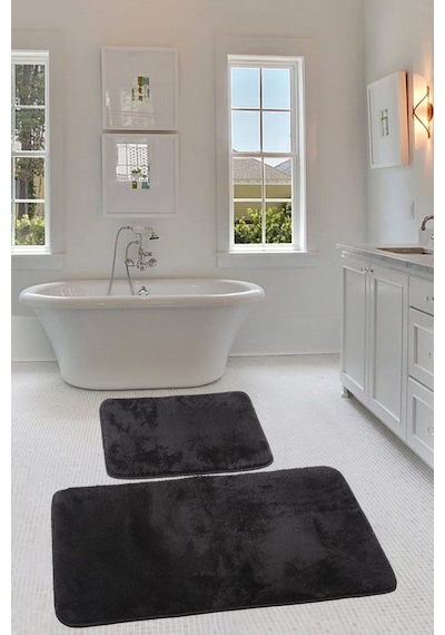 Relax Siyah Köşeli 60x100 + 50x60 Cm 2'li Pufidik Banyo Paspası S Siyah