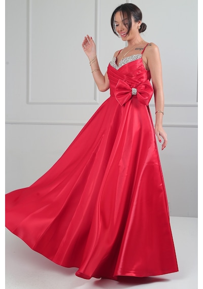 By Saygı Kadın İp Askılı Yaka Taş Detaylı Drapeli Beli Fiyonklu Astarlı Tafta Saten Uzun Elbise Kırmızı By Saygı Kadın İp Askılı Yaka Taş Detaylı Drapeli Beli Fiyonklu Astarlı Tafta Saten Uzun Elbise Kırmızı