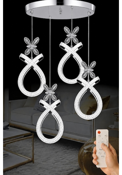 Karona Model 4 Lü Krom Kaplama 3 Renk Kumandalı Salon Mutfak Oturma Yatak Odası Modern Led Avize