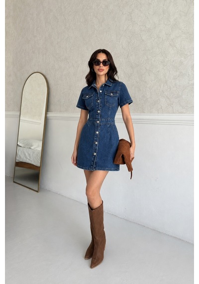 Kene Jeans Ön Arka Pensli Düğme Kapamalı Koyu Mavi Elbise Mavi