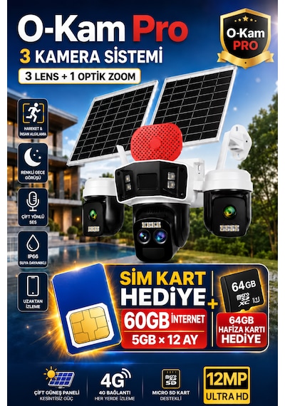 O-kam 4075 12mp 10x Zoom 4 Lens 3 Ekran 4g Solar Kamera 60gb İnternet 64gb Hafıza Kartı