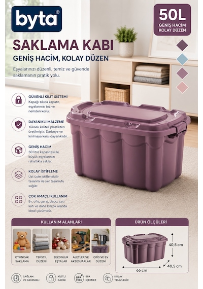50 Litre Kapaklı Büyük Boy Çok Amaçlı Saklama Kutusu Dayanıklı Plastik Organizer Mor