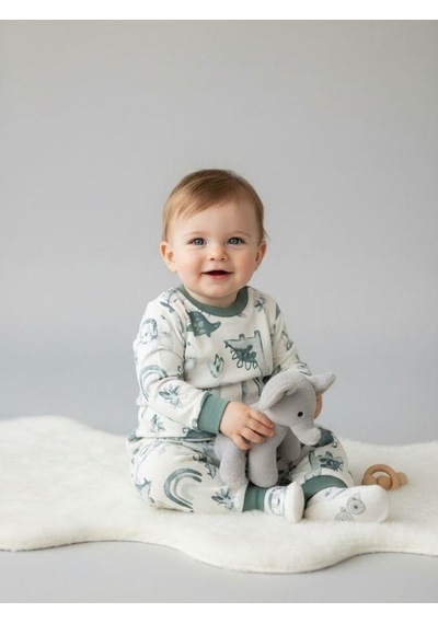 Zekids Erkek Bebek Pamuklu Dinazor Desenli Pijama Takımı-16268 Yeşil