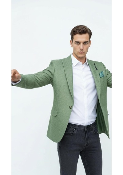 Plus Scorpion Erkek Dokulu Kumaş Slim Fit Blazer Ceket Şık Modern Kesim Tek Düğmeli Yeşil