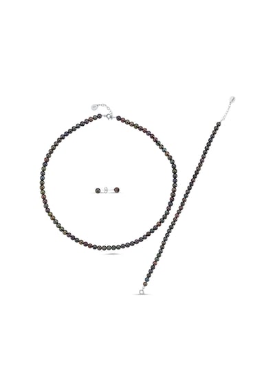 7,5 Mm Siyah Doğal İnci Sıralı Kolye Bileklik Küpe Üçlü Set 55 Cm / Rose Gümüş