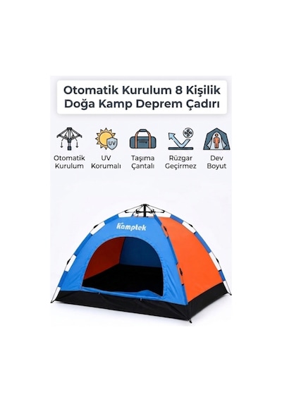 Kamptek Outdoor 8 Kişilik Otomatik Kurulum Kamp Doğa Deprem Acil Durum Çadırı 250x250x165 Cm Çok Renkli