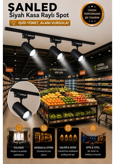 Led Siyah Kasa Beyaz Işık 35w Raylı Spot / 8 Adet 3 Metre Ray