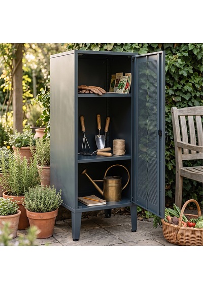 Alfahome Ziglat Serisi Kilitli Metal Home Office Dolabı %70 Perfore Kapaklı Antrasit Gri Ral 7016 450x940x450 Mm Gri-beyaz