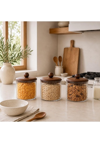 3'lü Set 750 Ml Akasya Kapaklı Çizgili Cam Kavanoz Seti Kahve Çay Şeker Kuruyemiş Saklama Kabı Çok Renkli