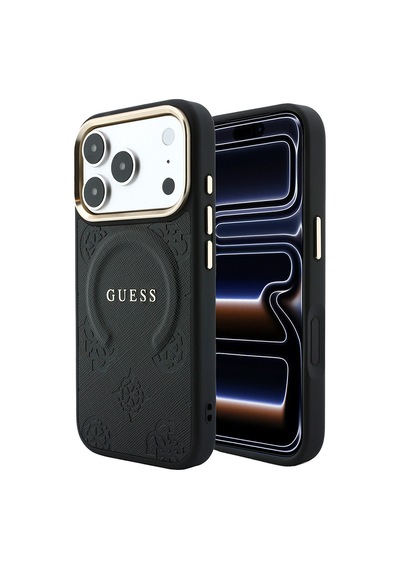 Apple iPhone Uyumlu 18 Pro Max Kılıf Guess Lisanslı M-safeli Yazı Logolu C-magnet Pu Deri Peony Kapak Siyah