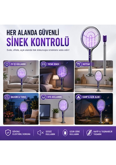 Coofbe 2800w Şarjlı Elektriki Sivrisinek Öldürücü Raket Sineksavar 5 Katmanlı Uv Işıklı Teleskopic Sinek Raketi