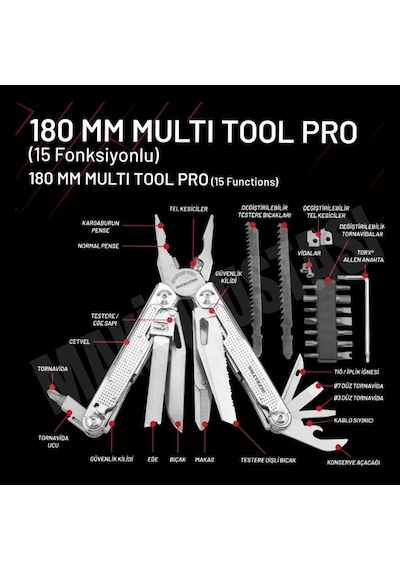 İzeltaş Multi Tool Pro 15 Fonksiyonlu 180 Mm Çok Amaçlı Pense Çakı Seti Belirtilmemiş