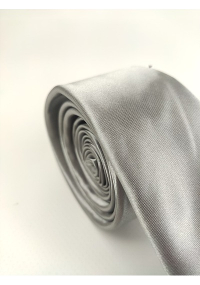 Demfashion Saten Parlak Slim Kravat Mendil Seti Gümüş Gri Gümüş