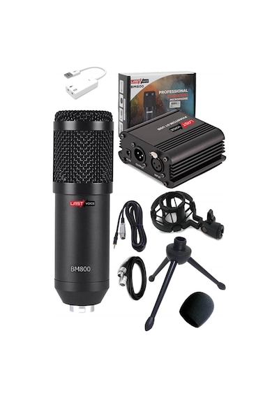 Lastvoice BM800 Full Black Mikrofon + Phantom Power + Mini Tripod + 7.1