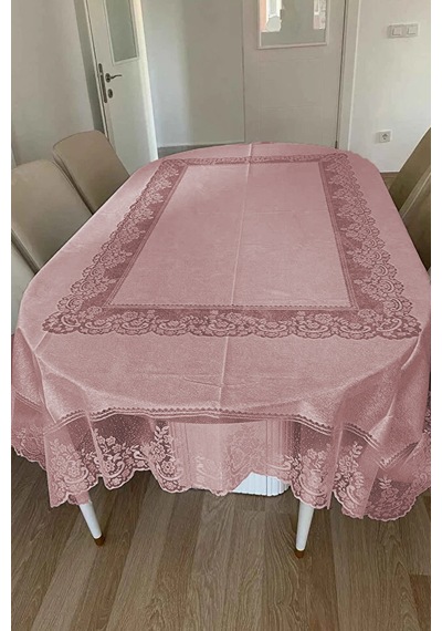Desenli Dertsiz Örme Leke Tutmaz Dantelli Masa Örtüsü, Çini Desen Masa Örtüsü - Pudra Diğer