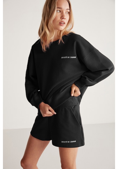Grımelange Jennıfer  Kadın Yumuşacık Nakış Detaylı Organik Pamuk Oversize Siyah Sweatshirt