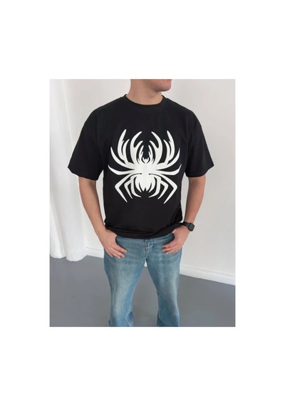 Butik İstanbul Erkek Örümcek Baskılı Tişört Kısa Kollu Bisiklet Yaka T-shirt - Siyah