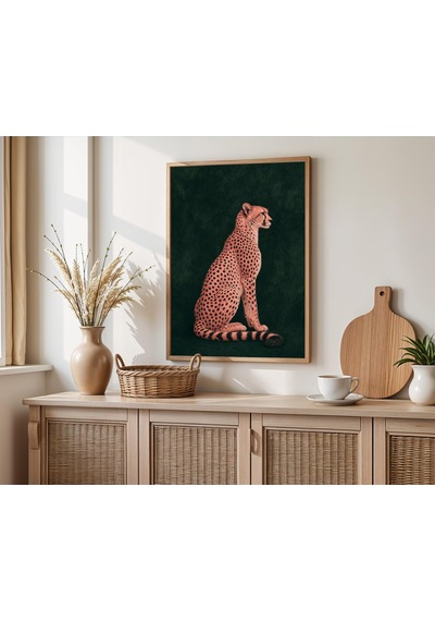 Minimalist Çita Sanat Baskısı Mercan Ve Zümrüt Yeşili Modern Vahşi Yaşam Dekorasyonu