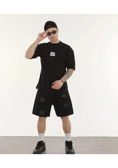 Modi Unisex Bisiklet Yaka Baskılı Oversize T-shirt - Siyah - Mymg180631