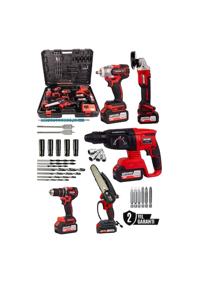 Kimmer Plus 21v Akülü 5'li Set Kırıcı Delici Hilti Taşlama Somun Sıkma Vidalama Budama Kırmızı Renk