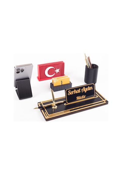 Vera Türk Bayraklı Gold Ahşap Masa İsimliği Seti Çizgi Desen Hediye Ofis Dekoratif Masaüstü İsimlik