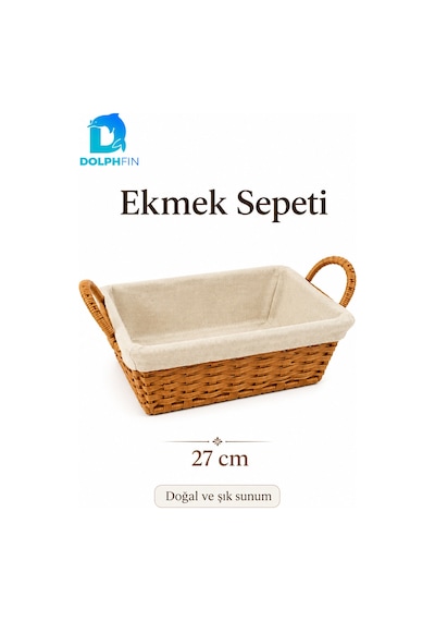 27 Cm Hasır Ekmek Sepeti Kumaş Astarlı Kulplu Dikdörtgen Sunum Sepeti Bej