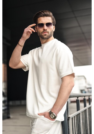 Madmext Ekru Bisiklet Yaka Oversize Erkek Şort T-shirt Takım E7355 Ekru