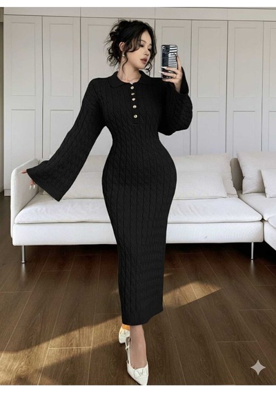 Sayzen Your Shine Gömlek Yaka Düğmeli Saç Örgülü Triko Elbise Sy-2515 Siyah