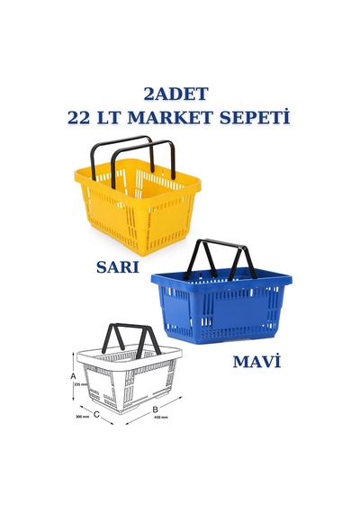 2 adet 22Litre Market ve Alışveriş Sepeti, Saplı Market Sepeti R3