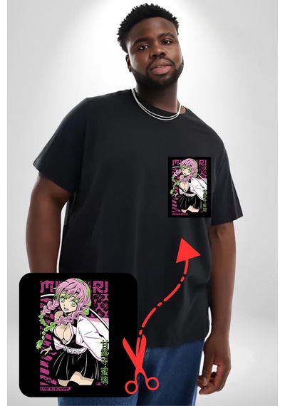 Angemiel Anime Demon Slayer Kimetsu No Yaiba Mitsuri Kanroji Siyah Büyük Beden Kadın Basic Minimal Baskılı Tişört Siyah