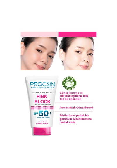 Procsin Pink Block Aydınlatıcı ve Ton Eşitleyici Güneş Kremi SPF50+ 50 ML