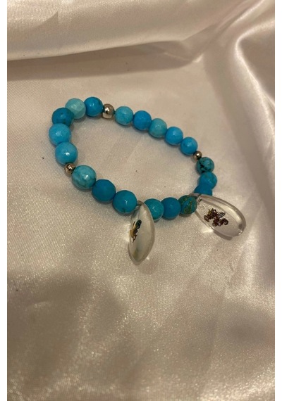 Doğal Taş Bileklik Hand Made El İşi Feng Shui Ejderha Yılı Koruyucu Hayvan Horoz Ve Ejderha Objeli Ve Doğal Turkuaz Taşlı Çok Renkli
