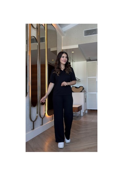 Butik İstanbul Kadın Kısa Kollu Yakalı Viskon Iki Iplik Bluz Ve Pantolon Ikili Takım Siyah