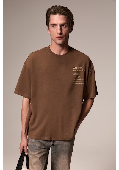 Grimelange Kyren Erkek Organik Pamuklu Önü Ve Arkası Baskılı Yuvarlak Yaka Haki T-shirt