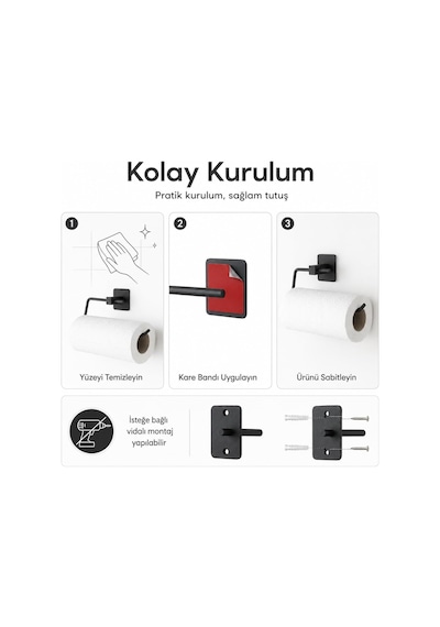 Lexroo Siyah Kare Kağıt Havluluk, Yapışkanlı Ve Vidalı Montajlı Duvara Monte Rulo Havlu Askısı
