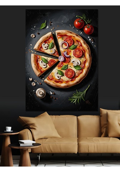 Taze Malzemeli Dilimlenmiş Pizza Tablo Dekoratif Kanvas - Mdf Ahşap Tablo