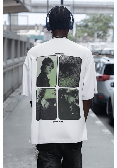 Sevbano Justin Bieber Sırt Baskılı Unisex Oversize Şarkıcı Tişört Beyaz