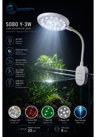 Sobo Usb Akvaryum Işığı - Balık Işığı - Bitki Işığı - 34 Led - Y-3w - Güçlü Aydınlatma - Üstün Performans - 23 Cm - Beyaz