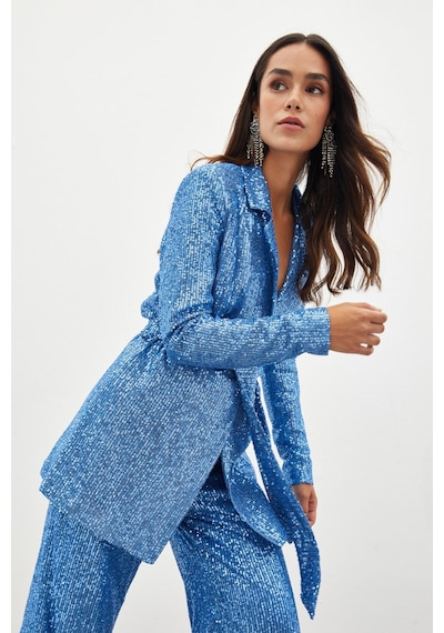 Sateen Kuşaklı Payet Ceket - İndigo